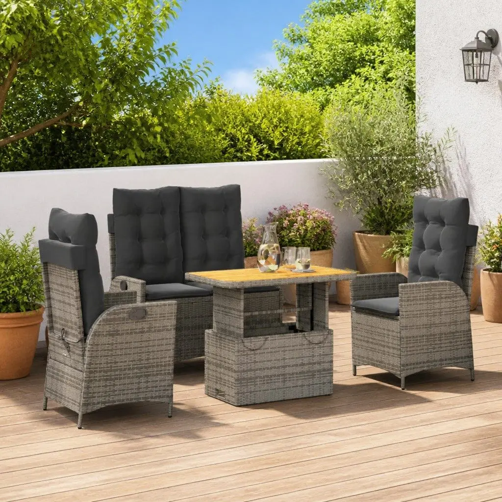 Garden Dining Set Grey Adjustable Backrest Lift Top Table with Cushions 4 Piece