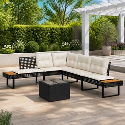 2 Piece Outdoor Garden Sofa Set with Cushions Black Poly Rattan Glass Table