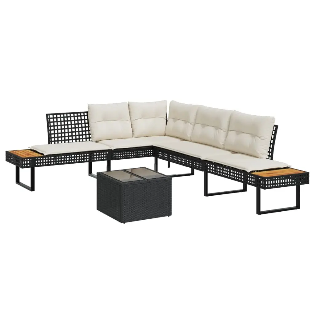 2 Piece Outdoor Garden Sofa Set Black Poly Rattan with Cushions and Glass Table