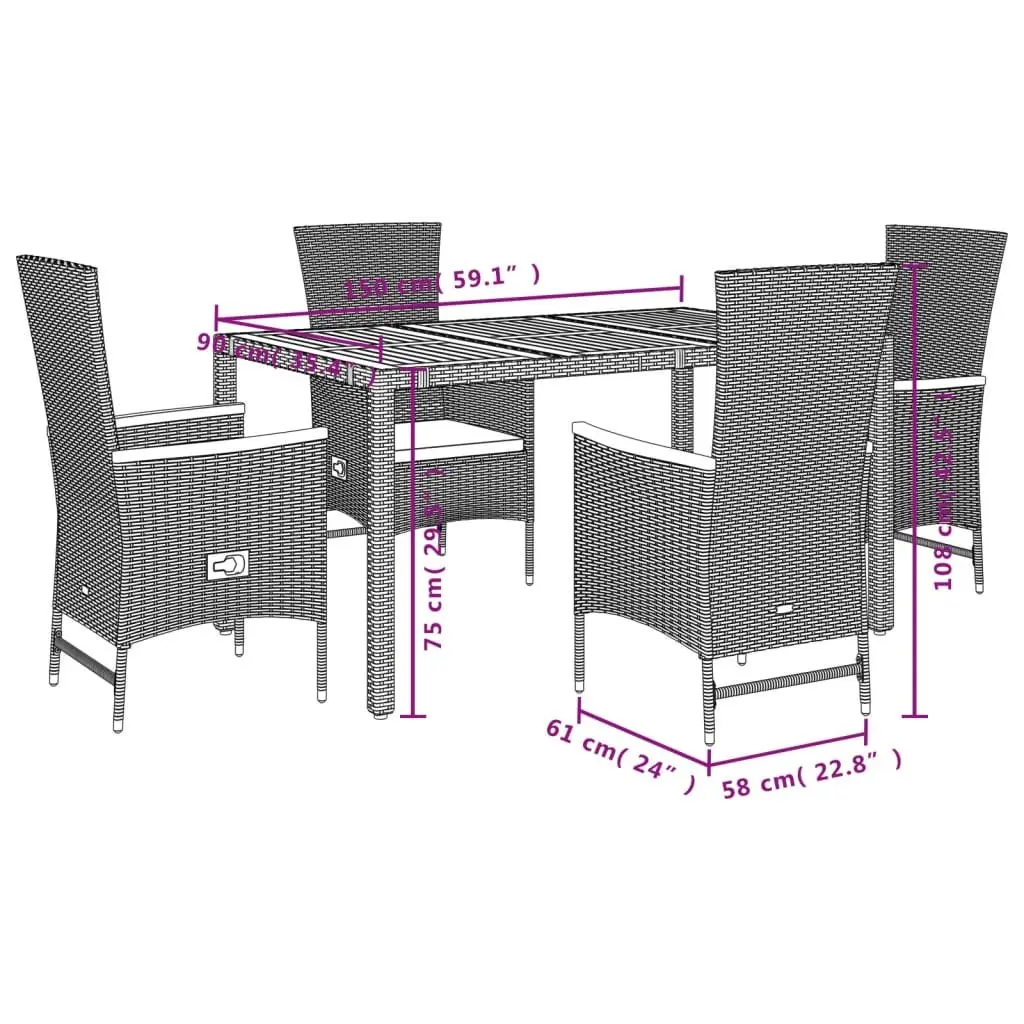 Garden Dining Set Black Poly Rattan 5 Piece Outdoor Furniture with Cushions
