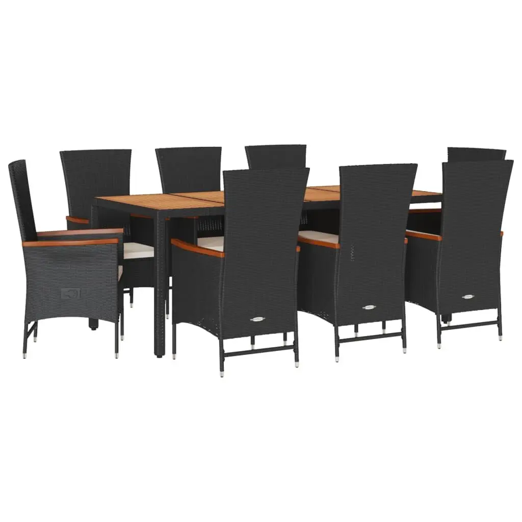Garden Dining Set 9 Piece Black Poly Rattan Outdoor Furniture with Adjustable Backrest and Acacia Wood Table