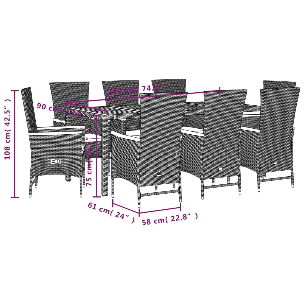 Garden Dining Set 9 Piece Black Poly Rattan Outdoor Furniture with Adjustable Backrest and Acacia Wood Table