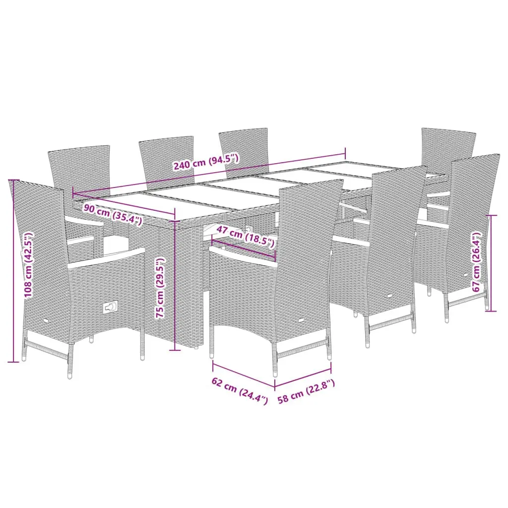 Garden Dining Set Black Poly Rattan 9 Piece Outdoor Furniture with Cushions