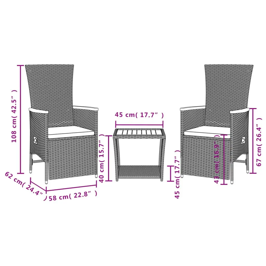 Outdoor Garden Dining Set Black Poly Rattan 3 Piece with Cushions