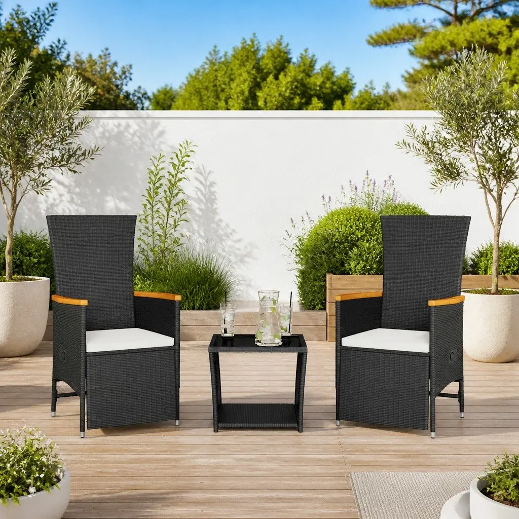 3 Piece Outdoor Dining Set Black Poly Rattan Adjustable Backrest Glass Tabletop
