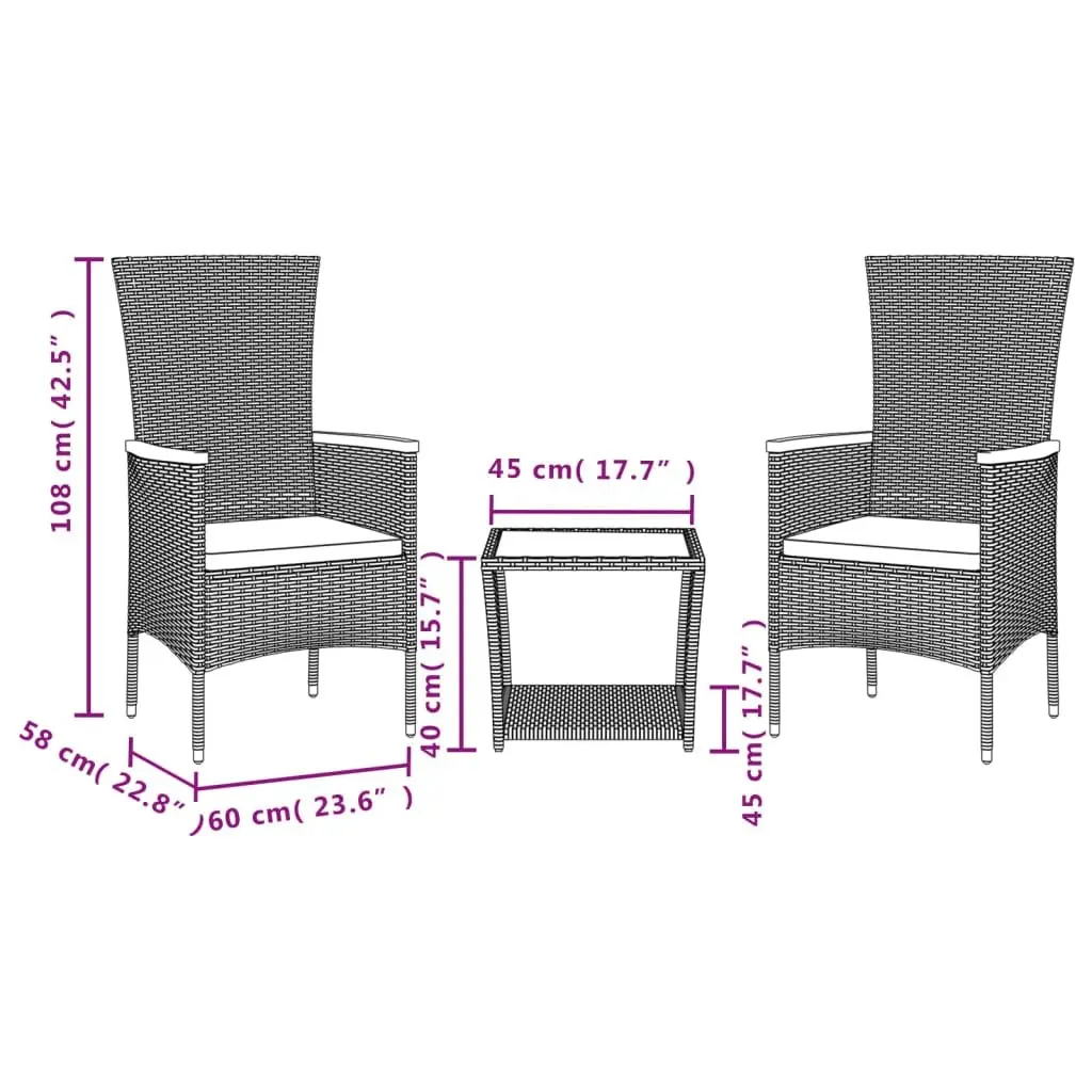 Garden Dining Set Grey Poly Rattan 3 Piece Outdoor Furniture Patio Table Chairs