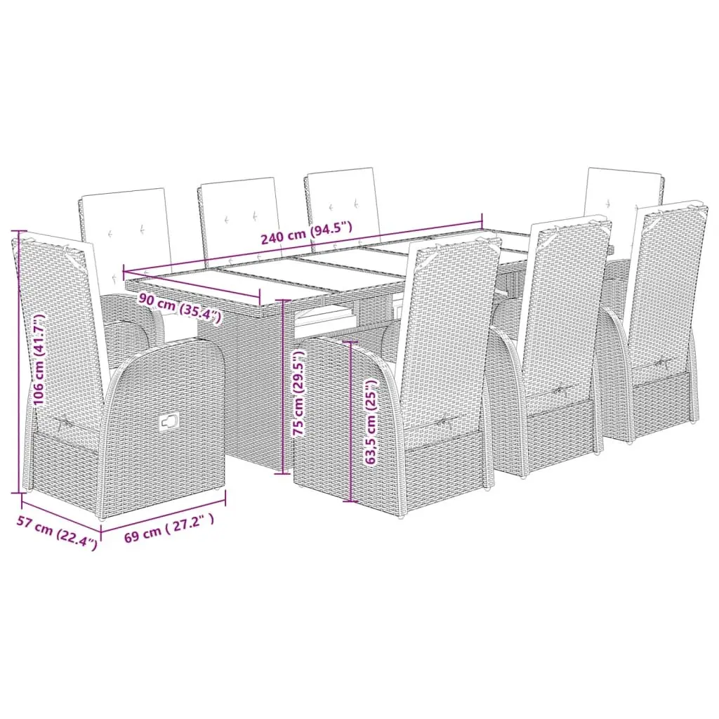 Garden Dining Set 9 Piece Outdoor Patio Furniture Grey Poly Rattan Acacia Wood Table