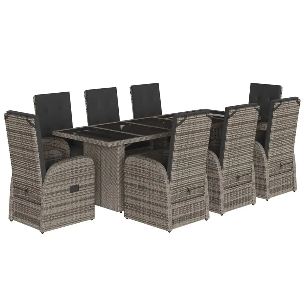 Garden Dining Set Grey Poly Rattan 9 Piece Outdoor Furniture with Cushioned Seating and Glass Table