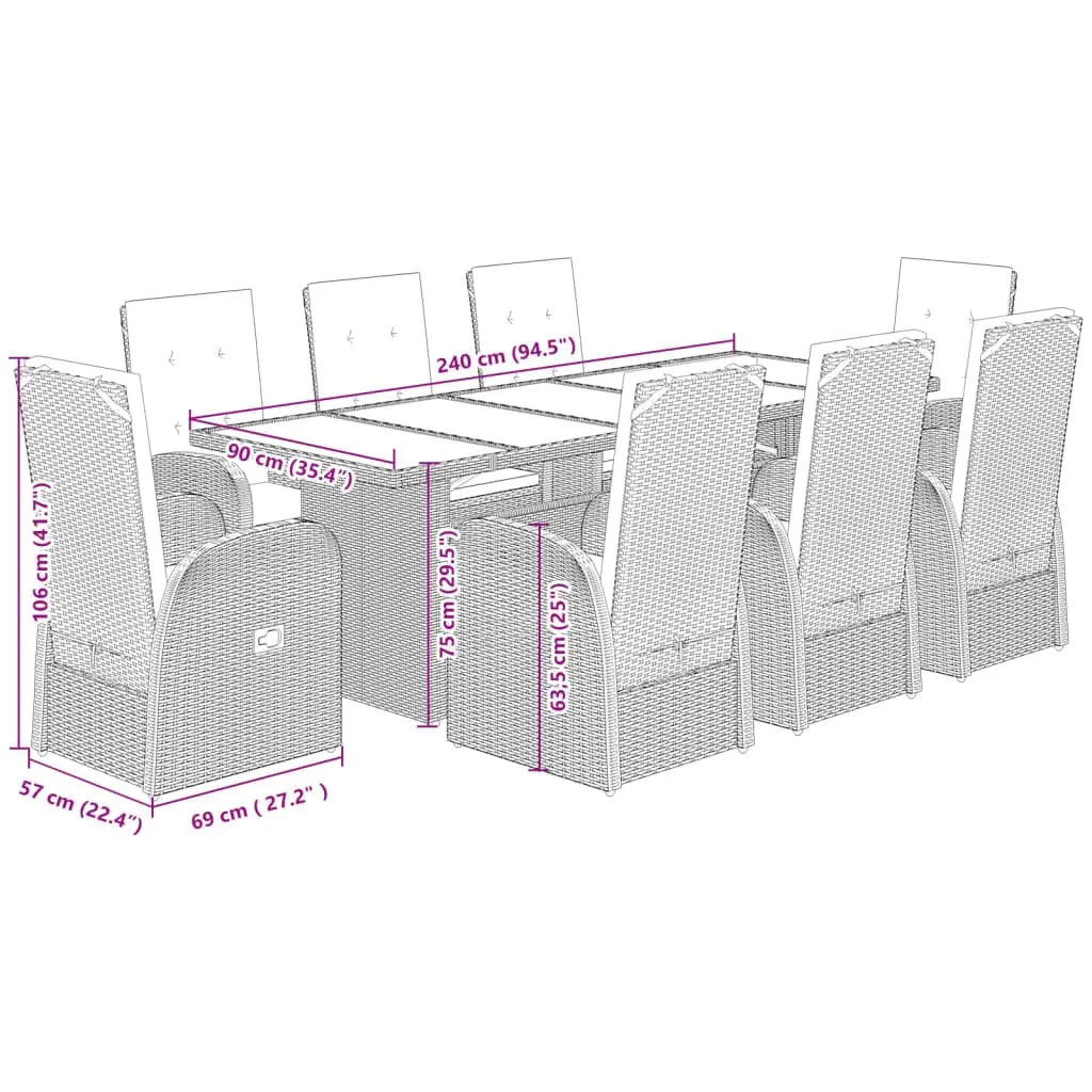 Garden Dining Set Grey Poly Rattan 9 Piece Outdoor Furniture with Cushioned Seating and Glass Table