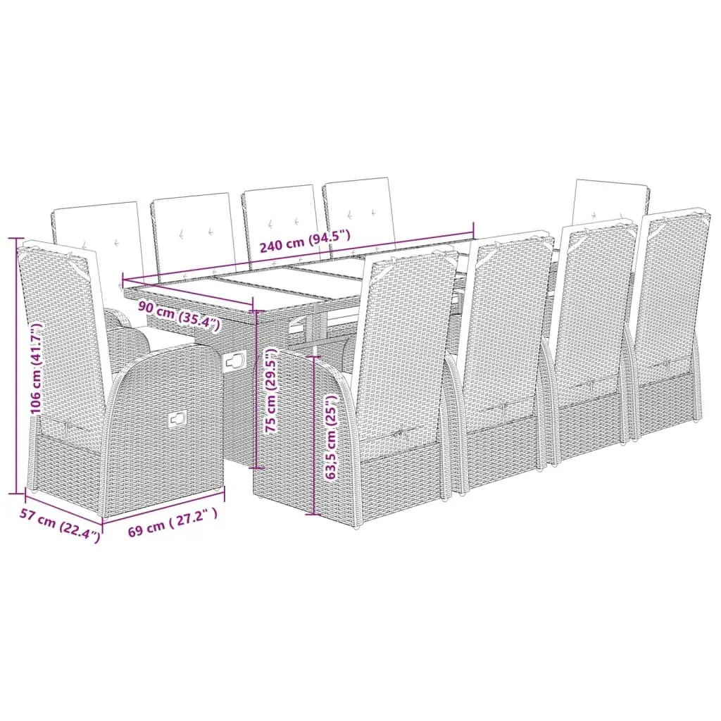 Outdoor Furniture Set 11 Piece Grey Poly Rattan Dining Arrangement with Cushions