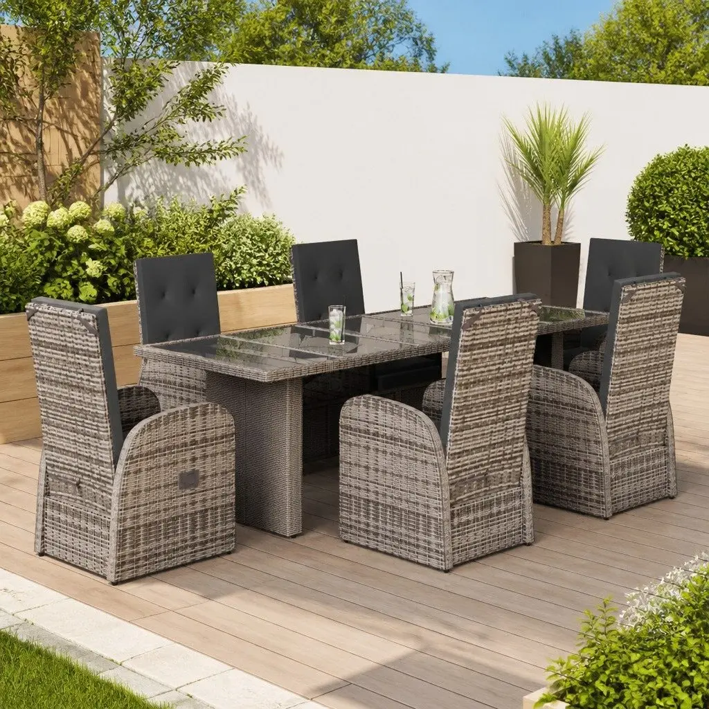 7 Piece Garden Dining Set Outdoor Furniture Cushions Grey Poly Rattan