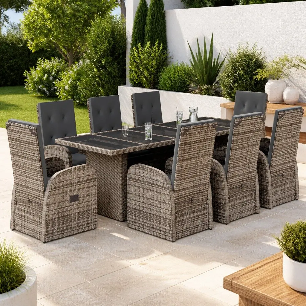 Garden Dining Set 9 Piece Grey Poly Rattan Outdoor Furniture with Adjustable Backrest and Footrest