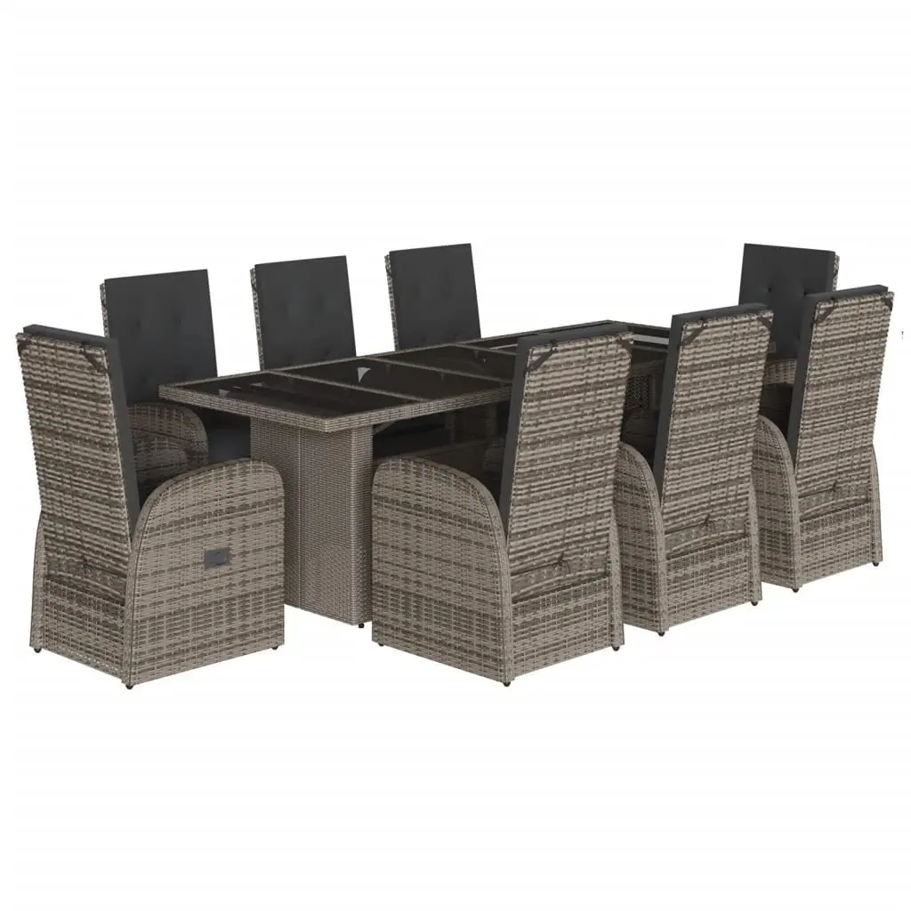 Garden Dining Set 9 Piece Grey Poly Rattan Outdoor Furniture with Adjustable Backrest and Footrest