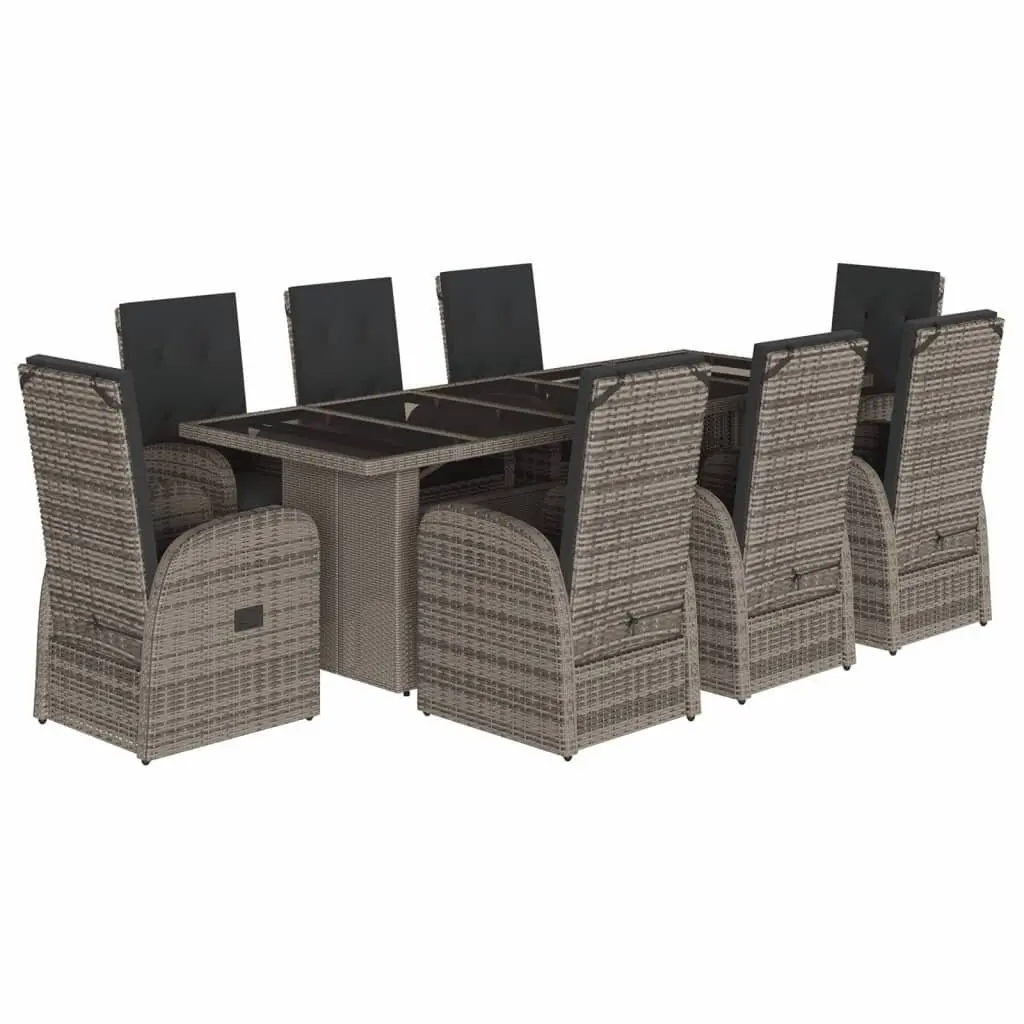 Outdoor Furniture Set 9 Piece Adjustable Backrest Grey Poly Rattan Dining Set with Cushions