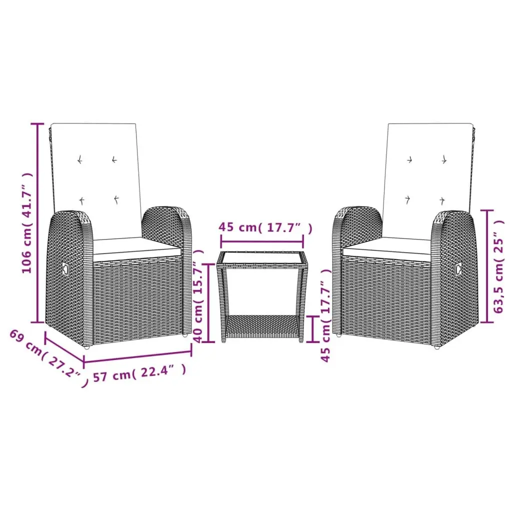 Garden Dining Set Grey Poly Rattan 3 Piece Outdoor Furniture Patio Table Chairs