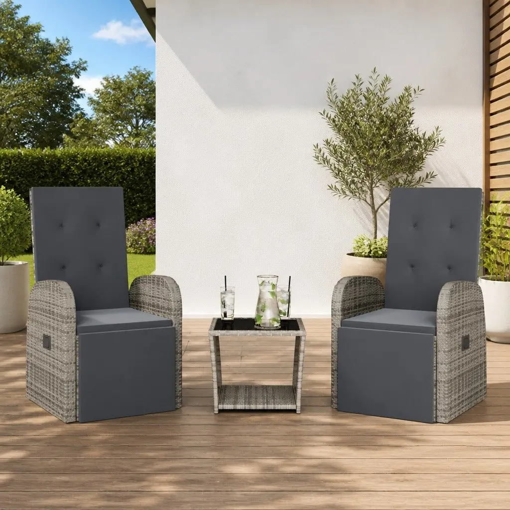 3 Piece Garden Dining Set Poly Rattan Adjustable Backrest Cushions Grey Outdoor