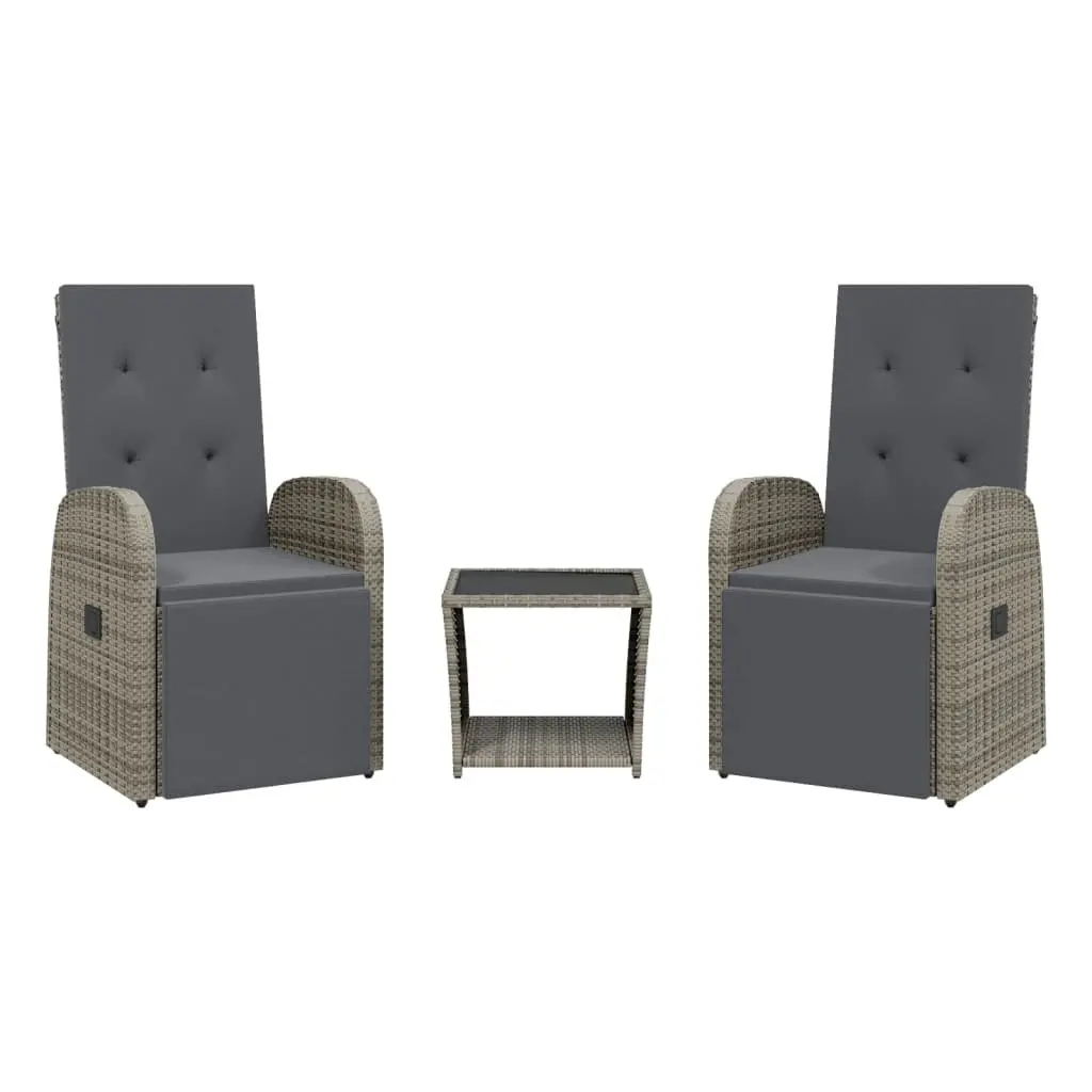 3 Piece Garden Dining Set Poly Rattan Adjustable Backrest Cushions Grey Outdoor