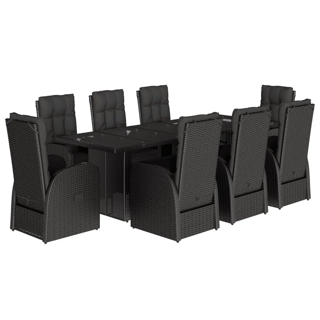 Garden Dining Set 9 Piece PE Rattan Black Outdoor Furniture with Adjustable Backrest and Tempered Glass Tabletop