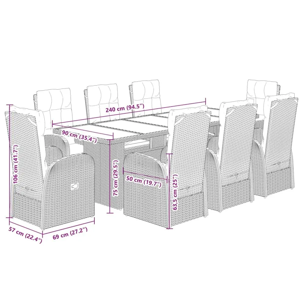 Garden Dining Set 9 Piece PE Rattan Black Outdoor Furniture with Adjustable Backrest and Tempered Glass Tabletop