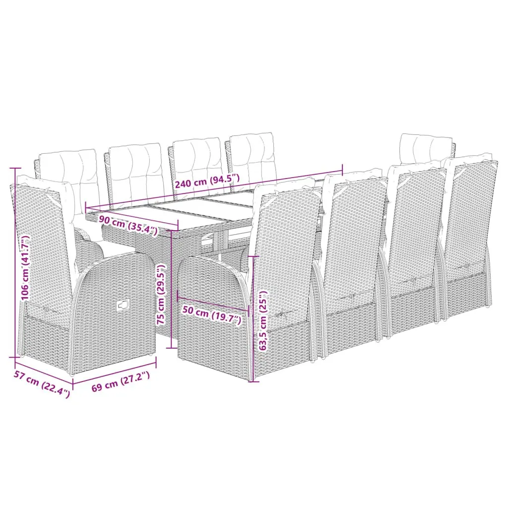 Black Poly Rattan 11-Piece Garden Set with Cushions