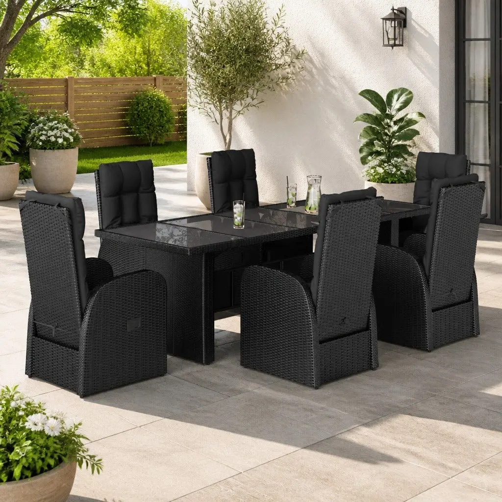 Outdoor Dining Set Black Poly Rattan Cushioned Chairs 7 Piece