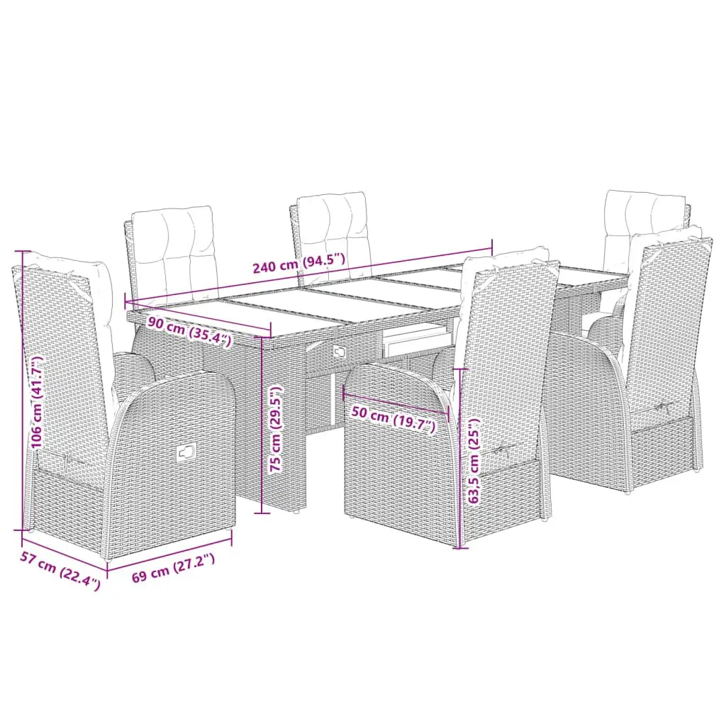 Outdoor Dining Set Black Poly Rattan Cushioned Chairs 7 Piece