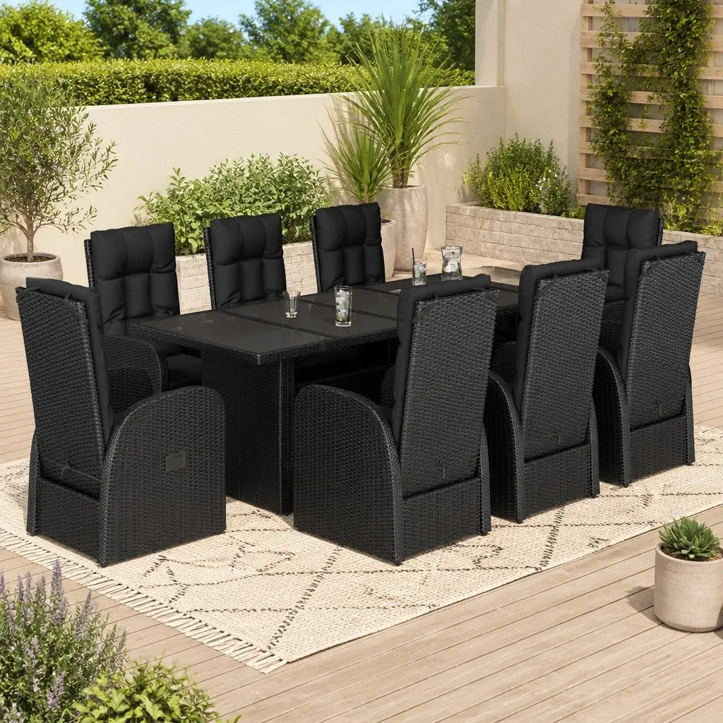 Garden Dining Set 9 Piece Black Poly Rattan Outdoor Furniture with Cushions