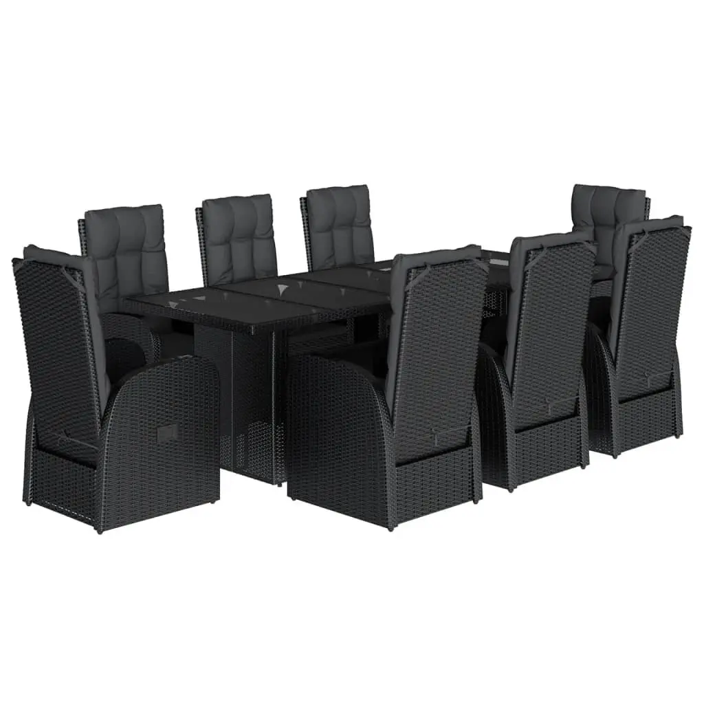 Garden Dining Set 9 Piece Black Poly Rattan Outdoor Furniture with Cushions