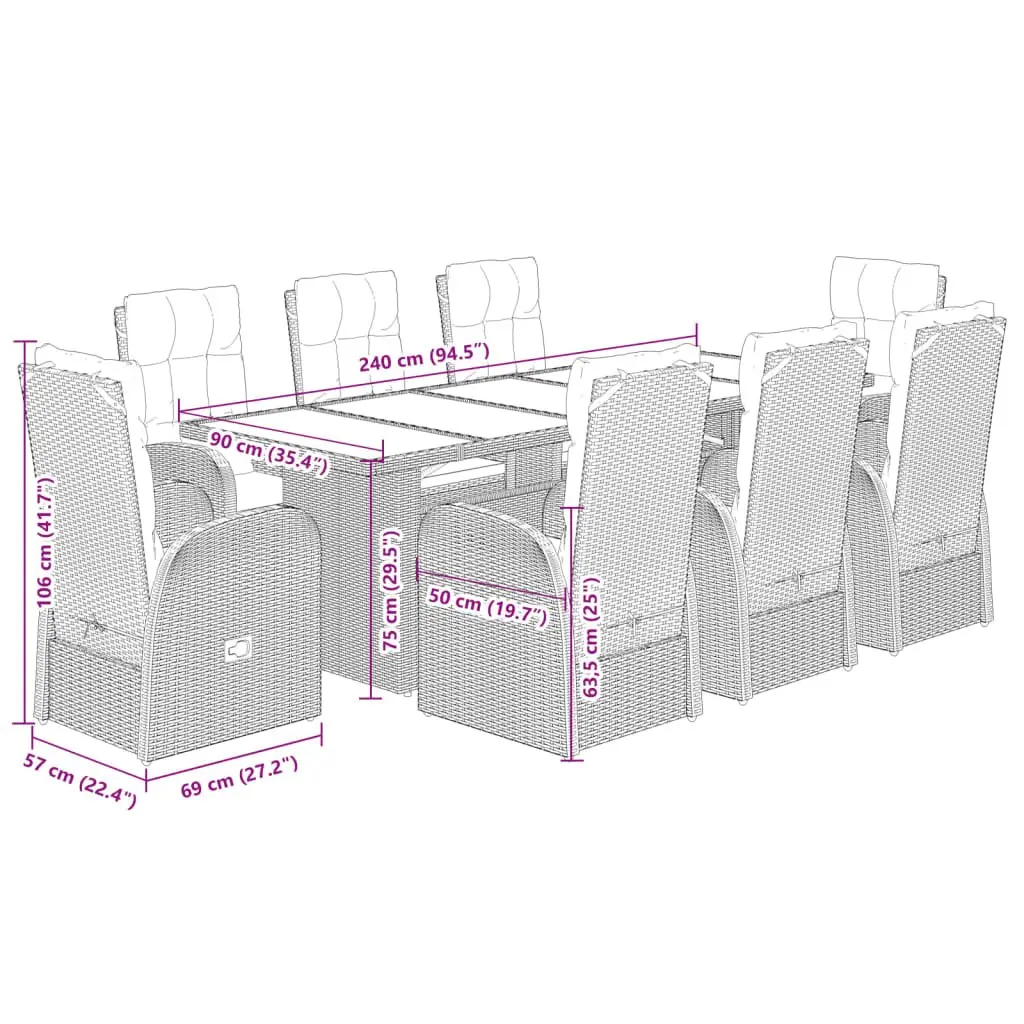 Garden Dining Set 9 Piece Black Poly Rattan Outdoor Furniture with Cushions