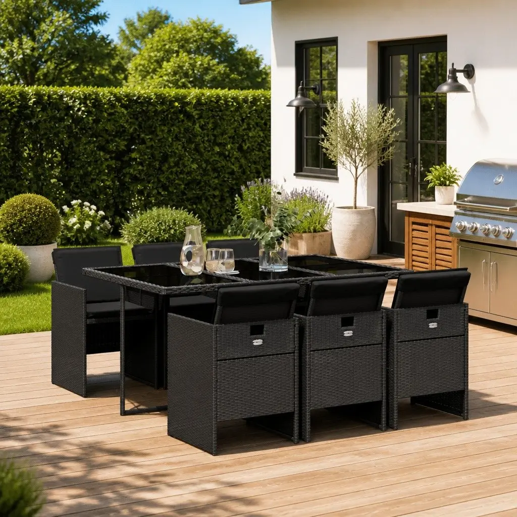 7 Piece Patio Dining Set Black PE Rattan Garden Furniture Table with Six Folding Chairs
