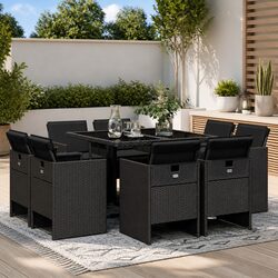9 Piece Black Poly Rattan Garden Dining Set Patio Furniture with Cushions