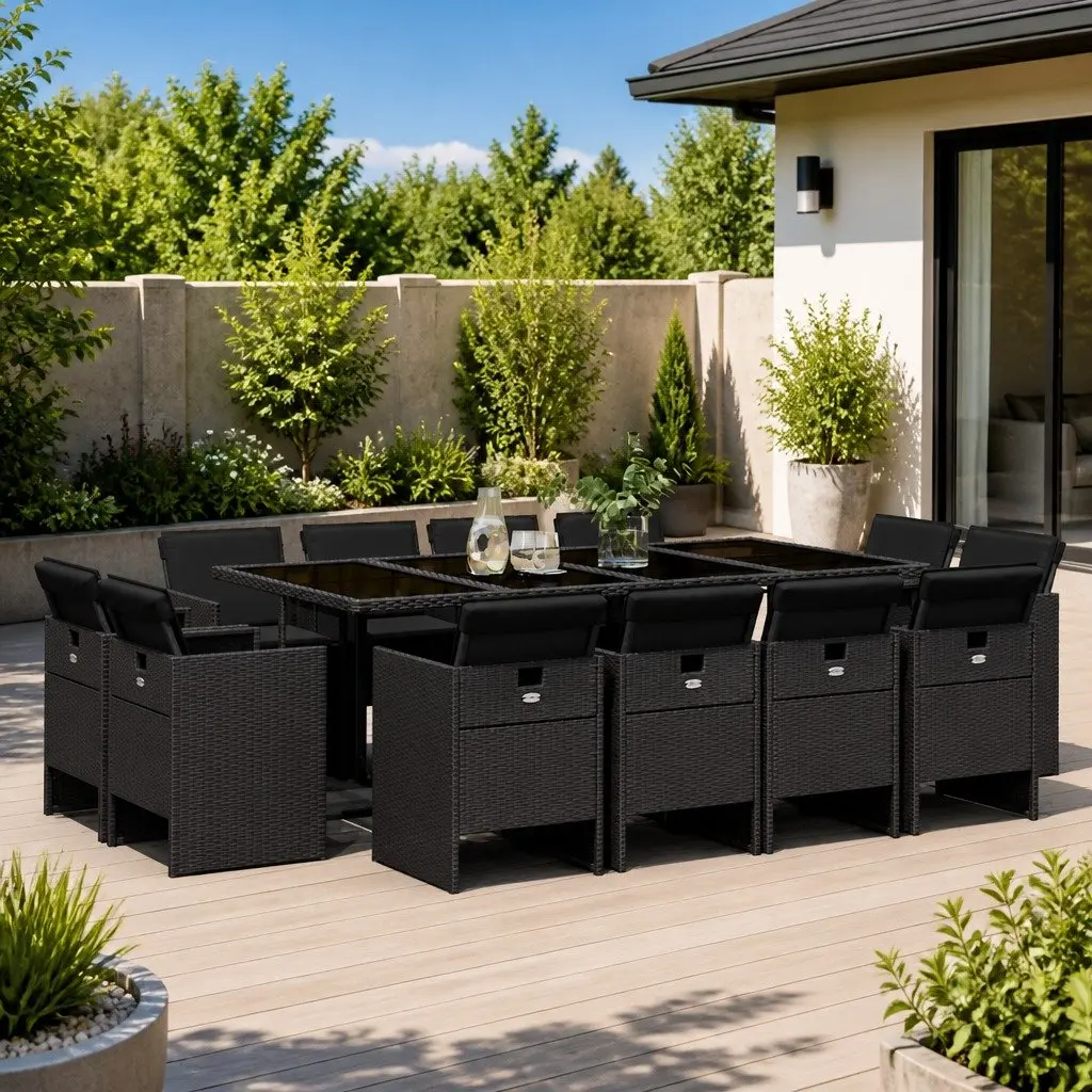 13 Piece Black Poly Rattan Outdoor Dining Set with Cushions and Tempered Glass Tabletop for Garden and Patio