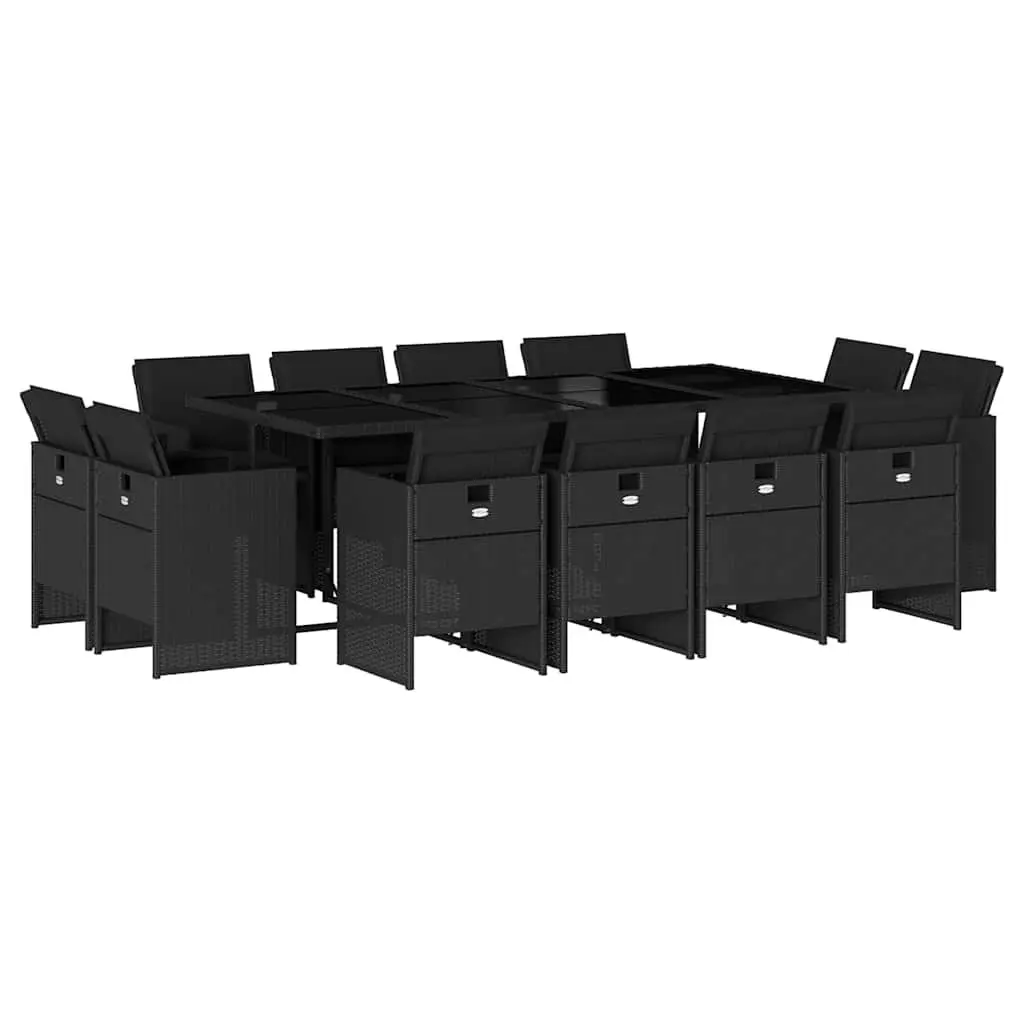 13 Piece Black Poly Rattan Outdoor Dining Set with Cushions and Tempered Glass Tabletop for Garden and Patio