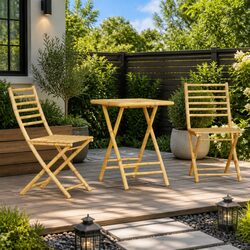 3 Piece Bistro Set Outdoor Garden Furniture Brown Foldable Bamboo Table Chairs