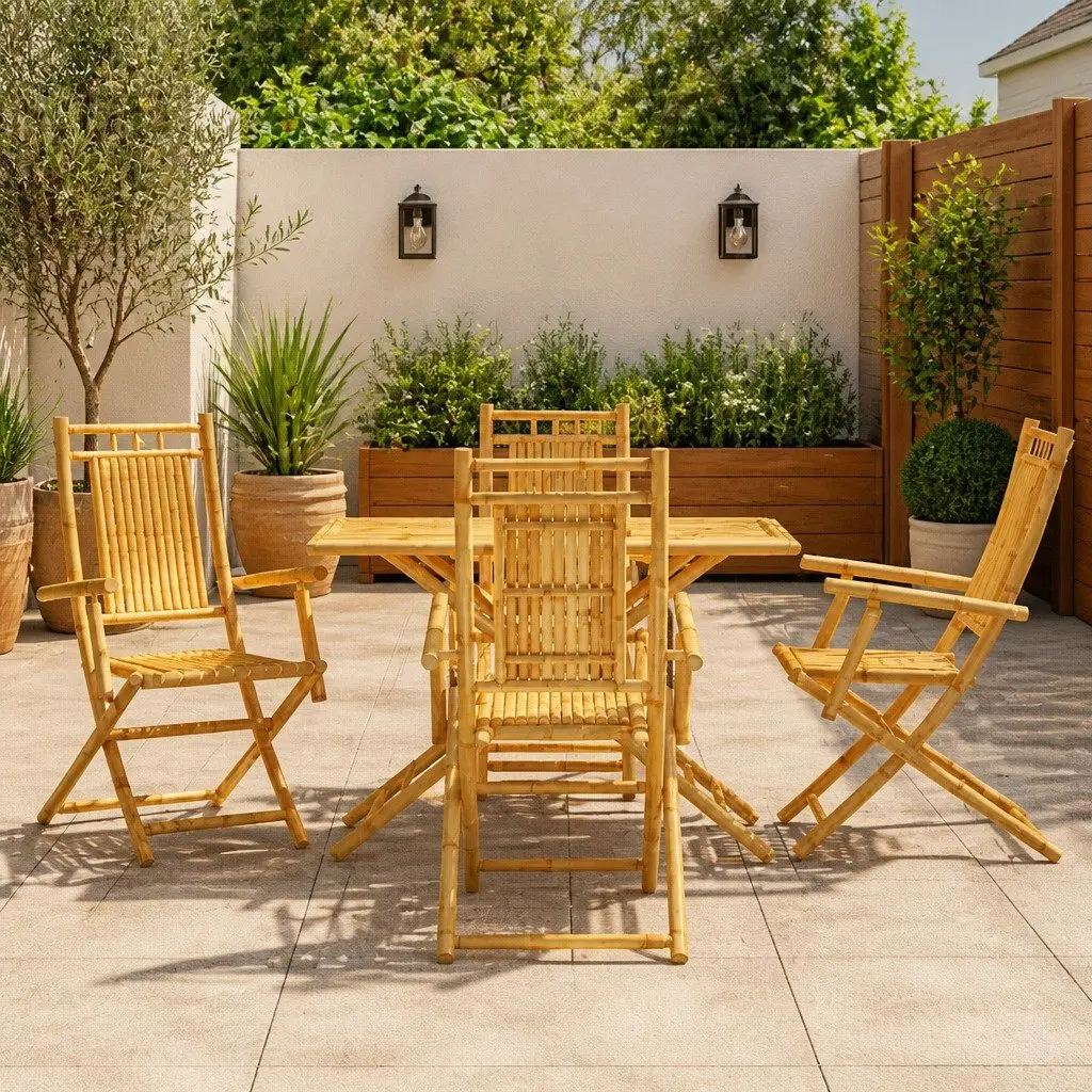Garden Dining Set 5 Piece Bamboo Foldable Table and Chairs Brown Outdoor Furniture