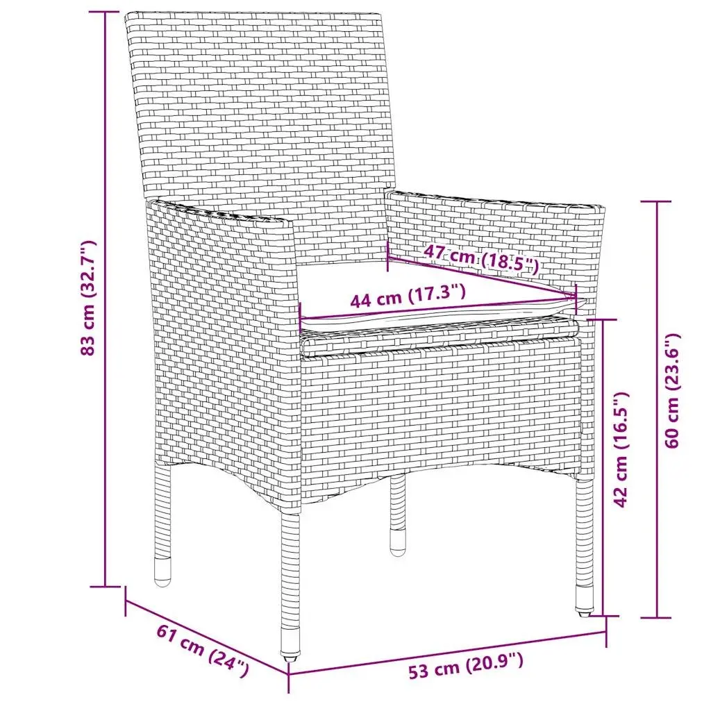 Garden Dining Set Grey Poly Rattan 3 Piece Outdoor Furniture with Glass Table and Padded Cushions