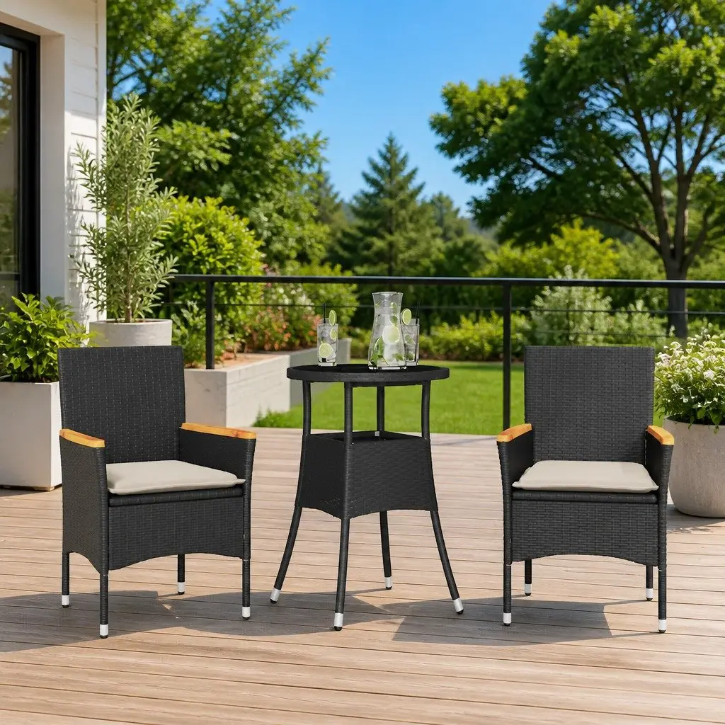 Outdoor Dining Set 3 Piece Garden Furniture PE Rattan Glass Table