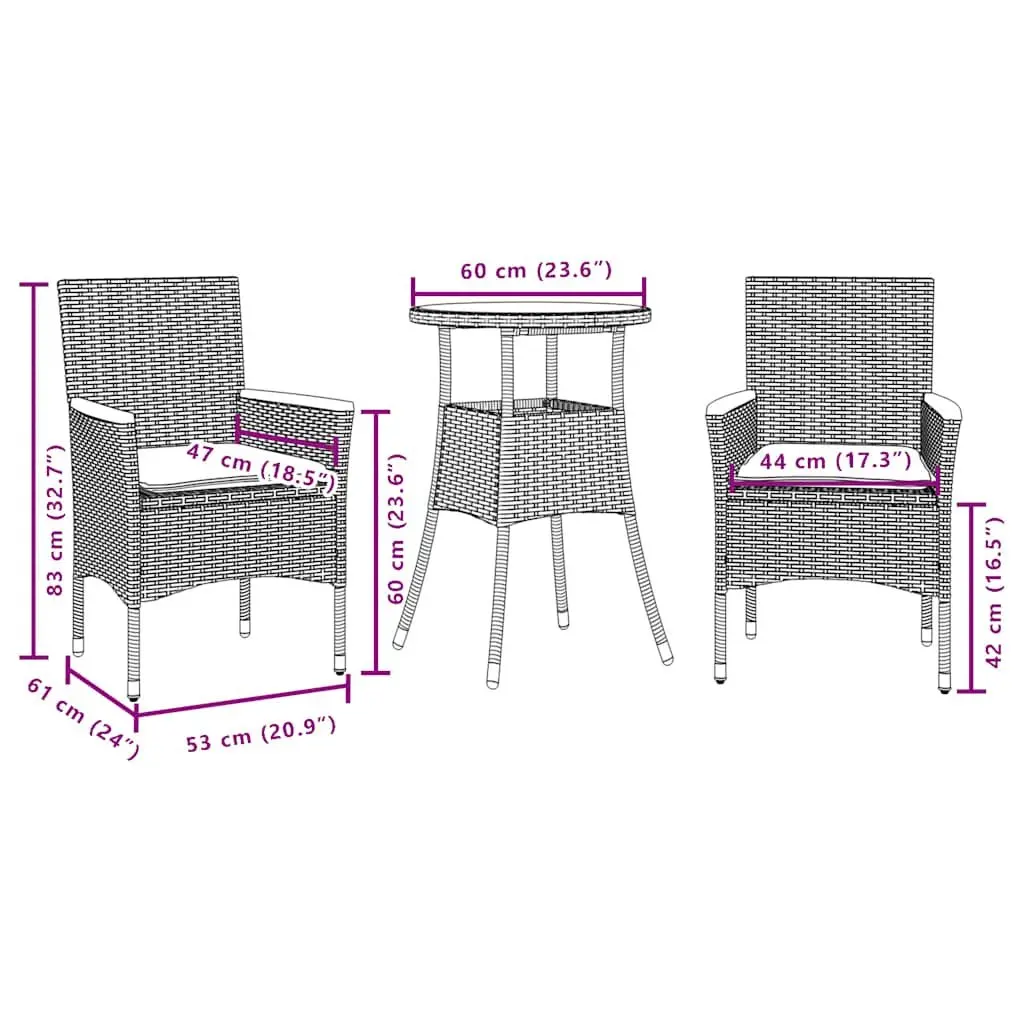 Outdoor Dining Set 3 Piece Garden Furniture PE Rattan Glass Table