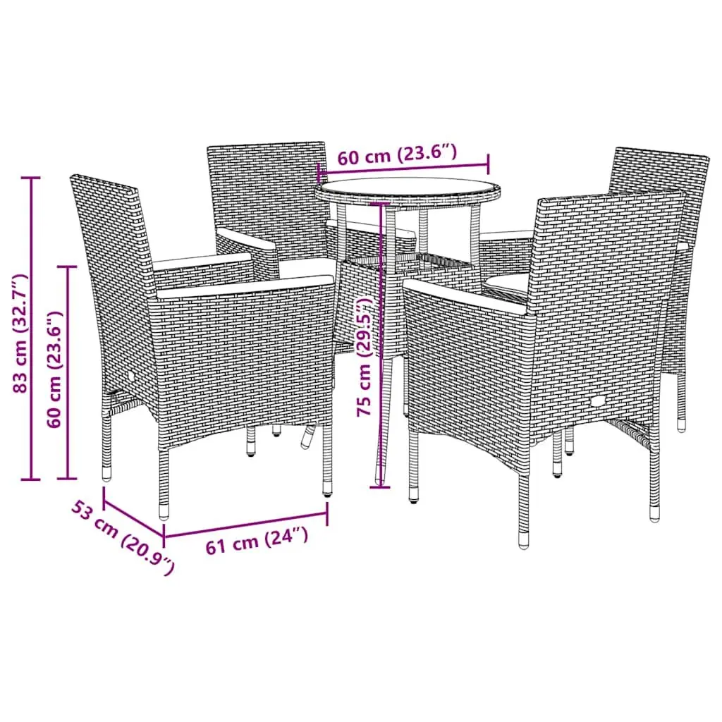 5 Piece Garden Dining Set with Cushions Black Poly Rattan Glass Outdoor Patio