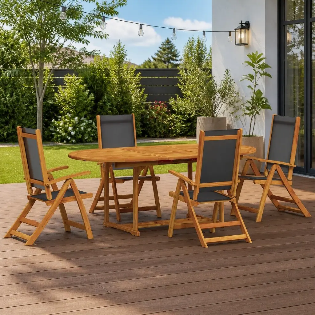5 Piece Garden Dining Set Outdoor Furniture Acacia Wood Textilene Chairs Table