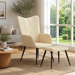 Relaxing Armchair with Stool Padded Foam Upholstered Lounge Chair Cream