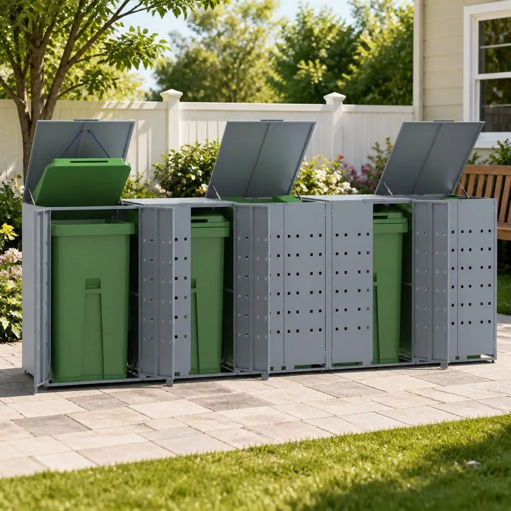 Wheelie Bin Storage Shed for 5 Bins Grey 345x79x117cm Steel Waste Container