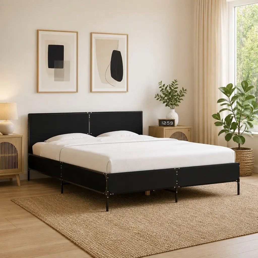 Bed Frame Black Engineered Wood 150x200 cm Metal Legs Plywood Slats Headboard
