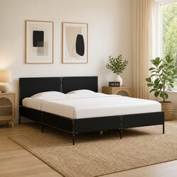 Bed Frame 150x200 cm Black Engineered Wood Metal Legs Plywood Slats Headboard