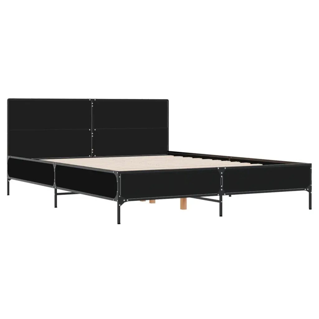 Bed Frame Black Engineered Wood 150x200 cm Metal Legs Plywood Slats Headboard