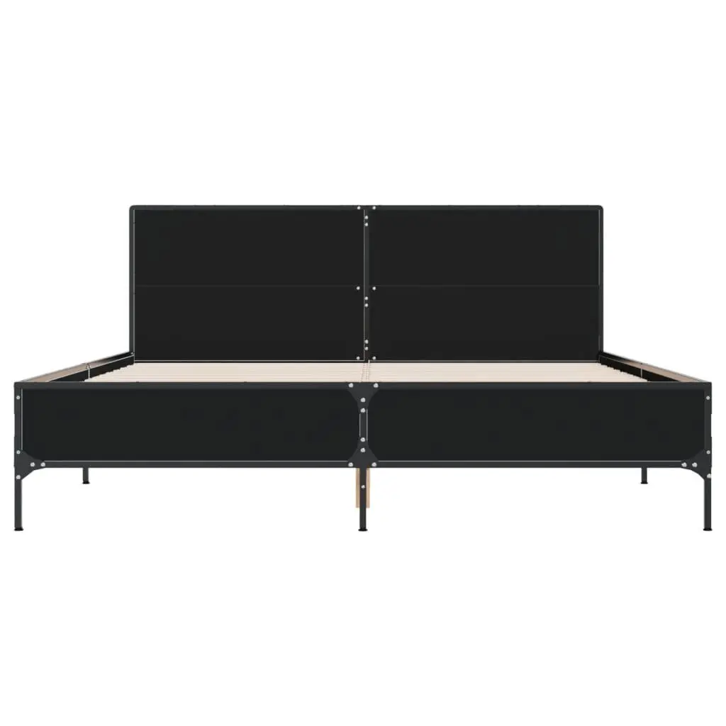 Bed Frame Black Engineered Wood 150x200 cm Metal Legs Plywood Slats Headboard