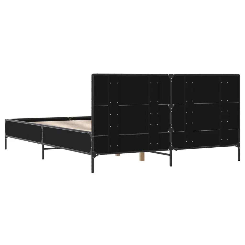 Bed Frame Black Engineered Wood 150x200 cm Metal Legs Plywood Slats Headboard