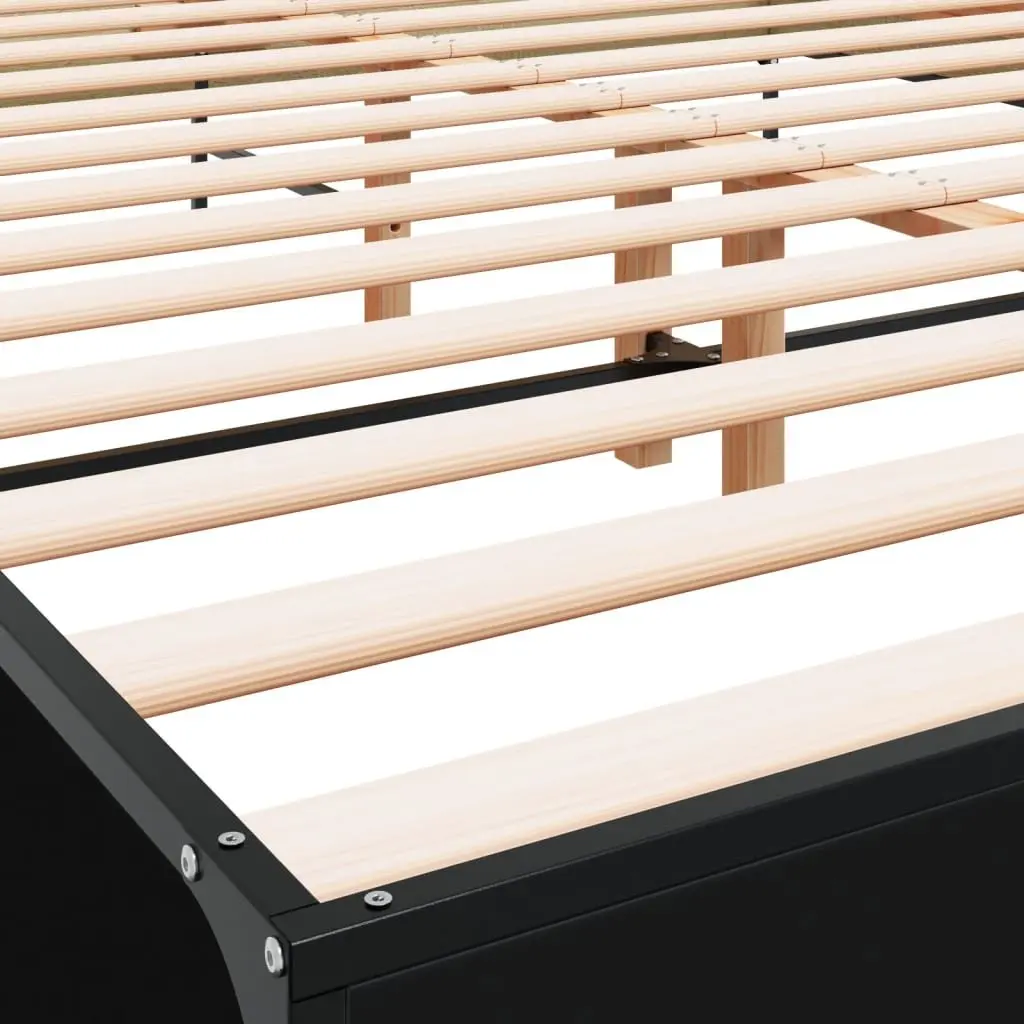 Bed Frame Black Engineered Wood 150x200 cm Metal Legs Plywood Slats Headboard
