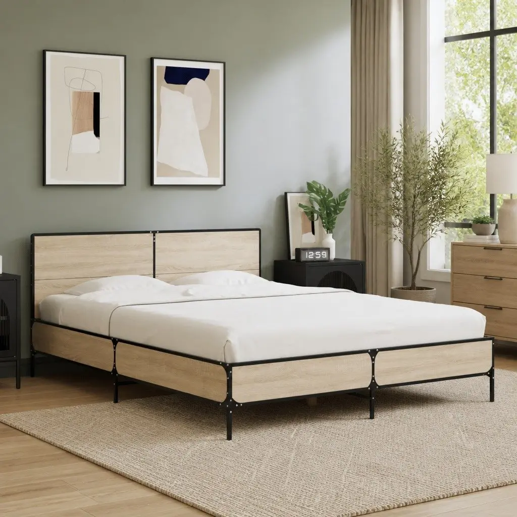 Engineered Wood Bed Frame Brown Sonoma Oak 150x200 cm with Headboard and Metal Legs