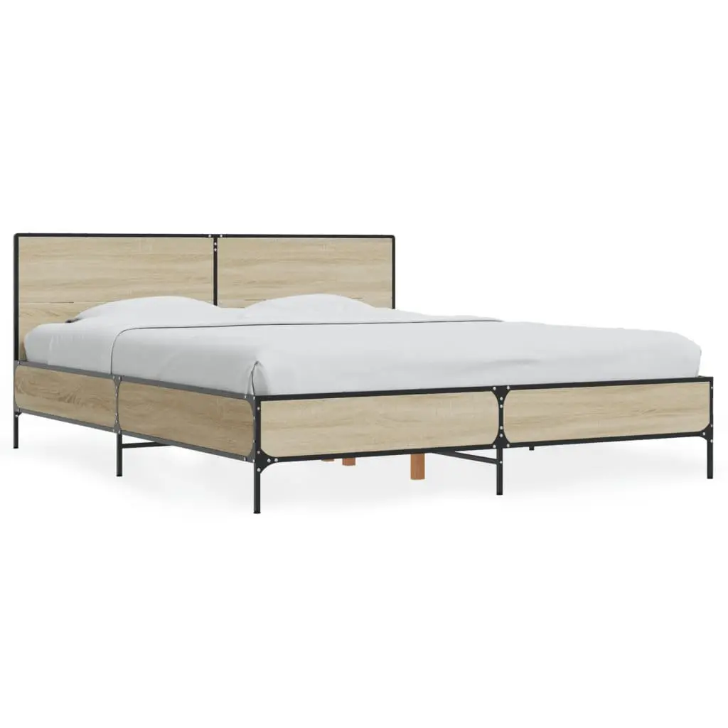 Engineered Wood Bed Frame Brown Sonoma Oak 150x200 cm with Headboard and Metal Legs